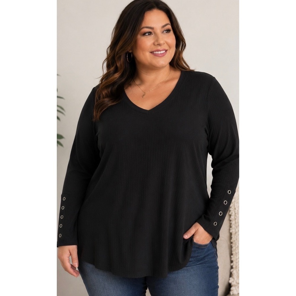 Lane Bryant‎ Black Waffle Knit V-Neck Tunic Grommet Cuff Top 14/16 NEW